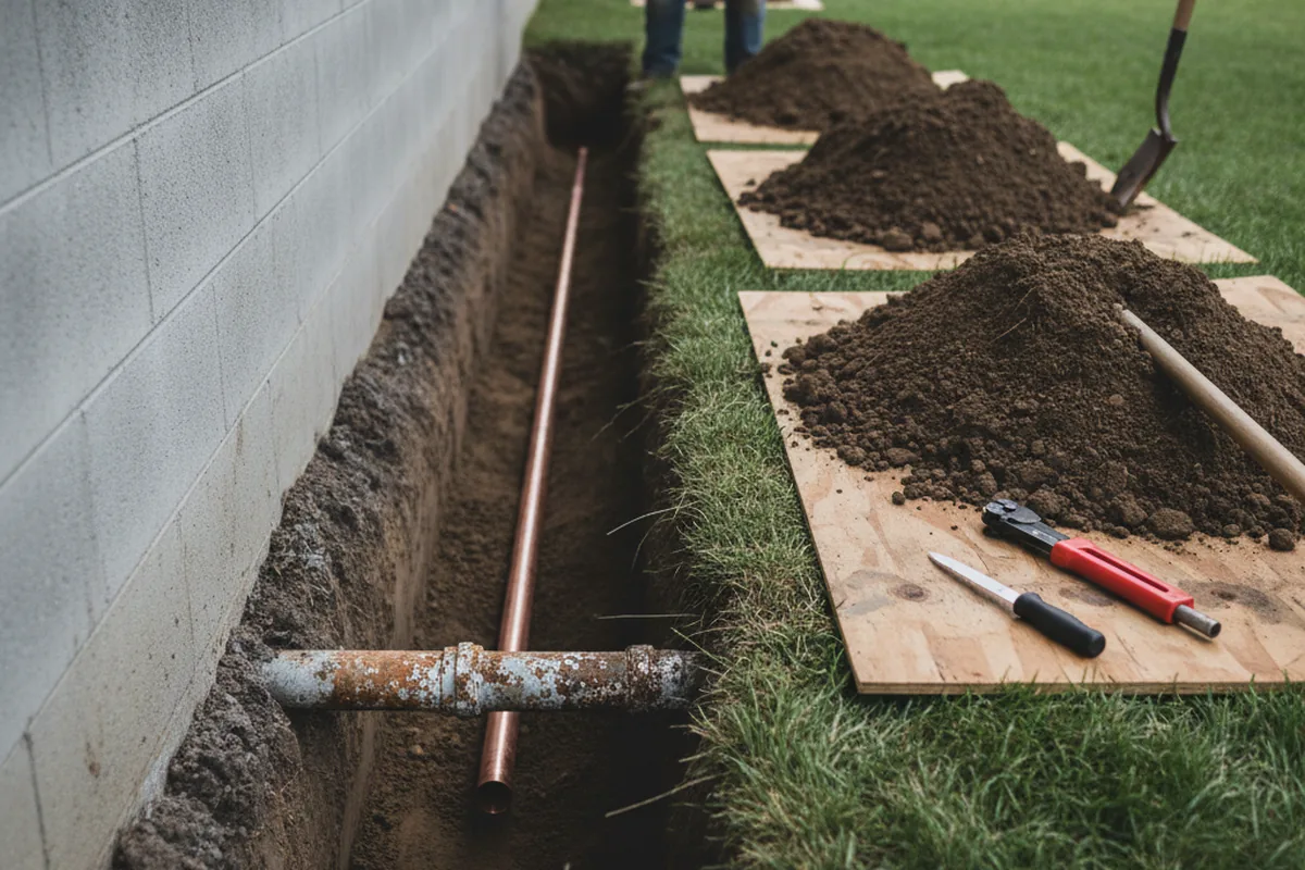 Excavated water line trench during Sewer Line Repair in Smithton